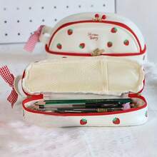 1pc Double Layer Strawberry Pencil Case, Cute Girl Heart Pencil Box, Minimalist Large Capacity Stationery Storage Bag For Middle School Students, Strawberry Shaped Sticker,Back To School Season - Double-layer Pencil Case - View 7