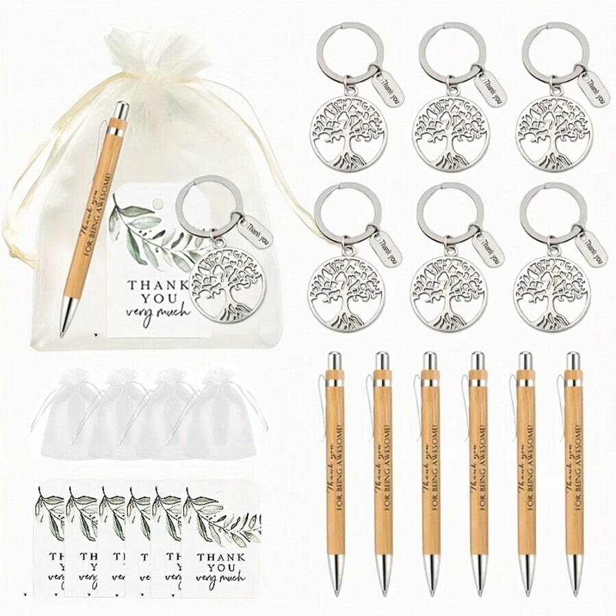 Geschenk für Sie/Ihn, 24 Stücke/6 Sets, Baum des Lebens Team Geschenkbox Set, enthält 6 Baum des Lebens Schlüsselanhänger, 6 Stifte, 6 Dankeskarten und 6 weiße Organza-Beutel. Geeignet für Büro-Mitarbeitergeschenke, Abschlusssaison, Krankenschwestern, Lehrer und Teamgeschenke unter Kollegen. - Verschiedenfarbig - Übersicht 1