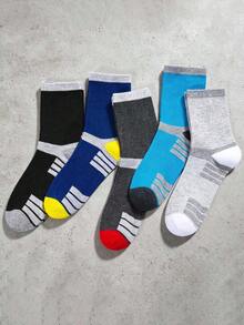 5 Pairs Men's Fashion Colorblock Mid-Calf Sports Socks, Moisture-Wicking Breathable Athletic Socks, Suitable For Running, Fitness Training And Casual Daily Wear - Multicolor - View 5