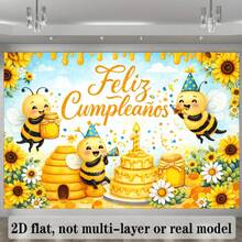 2D Flat Bee Theme Party Backdrop, " " Gold Spanish Blessing Text, Cartoon Bee Wearing Red Party Hat Holding Honey Spoon - Multicolor - View 5