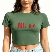 Letter-Printed Short Round-Neck Sexy Top Casual Sports Short-Sleeve Cropped Top - 橄欖綠 - 查看 1