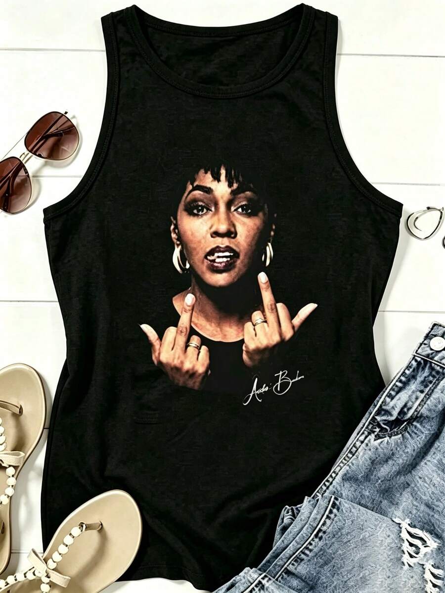 Vintage Anita Baker Big Head T-Shirt Unisex Retro R&B Graphic Tank Top Must-Have For 80s Music Fans Soft Comfy Top Perfect For Concerts Hangouts - 黑色5 - 查看 1