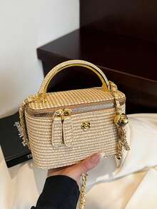 Textured Straw Box Purse Carteras Para Mujer Gold Ball Chain Shoulder Bag Travel Beach Outing Elegant Camellia Metal Grip Small Cosmetic Crossbody - 卡其色 - 查看 1
