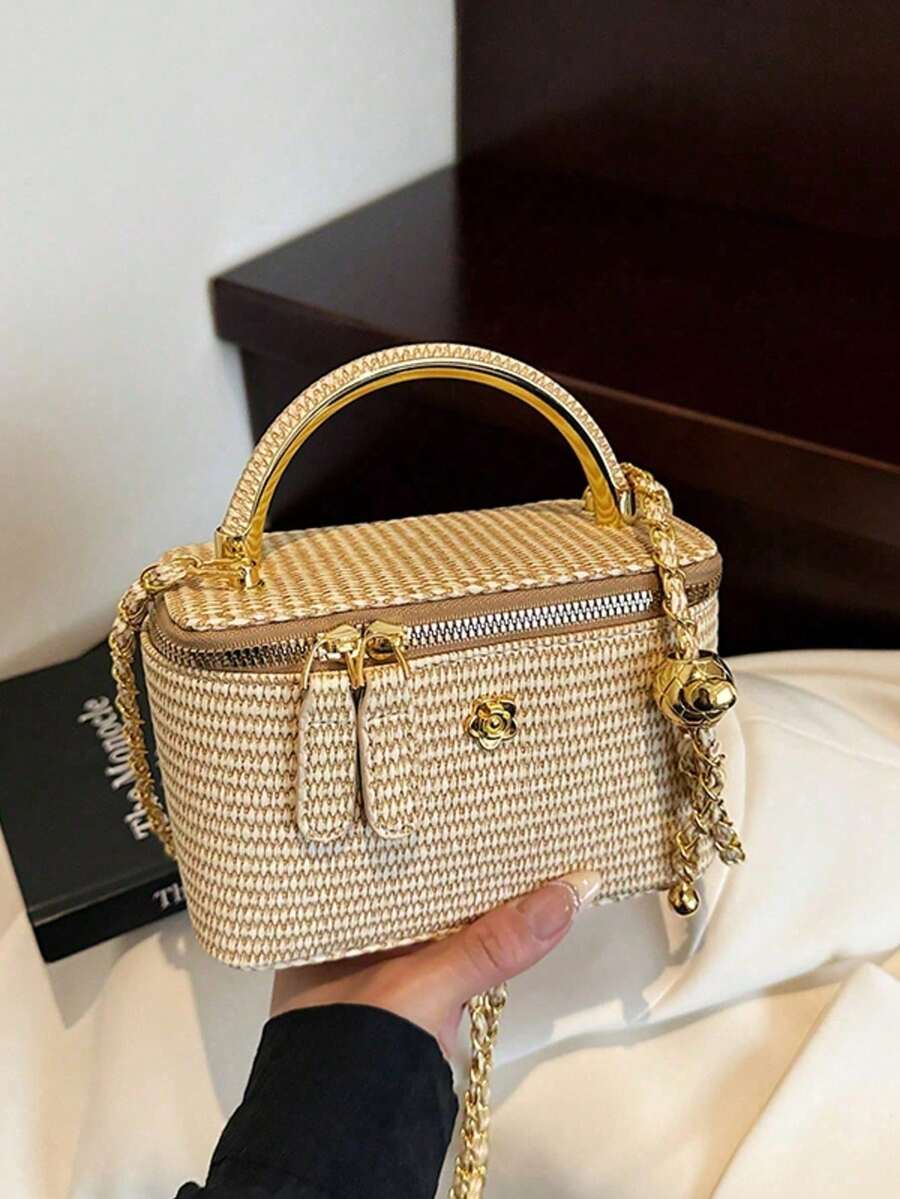 Textured Straw Box Purse Carteras Para Mujer Gold Ball Chain Shoulder Bag Travel Beach Outing Elegant Camellia Metal Grip Small Cosmetic Crossbody - 卡其色 - 查看 1