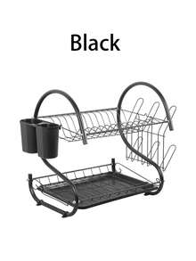 2-Tier Black Kitchen Dish Rack And Utensil Storage Rack, Rust-Proof Metal Material, With Automatic Drainage Tray, Built-In Cutlery Holder, For Drying Plates And Bowls, Space-Saving Kitchen Countertop Organizer - A - View 7