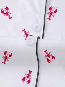 Set Piyama Wanita 2 Potong, Motif Lobster, Pakaian Santai Wanita, Pakaian Liburan Musim Semi/Panas, Atasan Lengan Pendek dan Celana Pendek - Putih - View 3