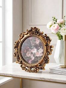 1pc Luxury French Palace Style Gold Carved Round Decorative Photo Frame, Resin Material Photo Storage And Display Frame, Multi-Functional Picture Frame For Desktop And Wall Hanging, Home Decor To Enhance Style, Suitable For Bedroom, Side Table, Decorative Table, Desk, Entryway, Living Room, Background Wall, Dining Room, Luxury Home Gift For Friends And Family, Wedding, Birthday, Housewarming - A - View 2