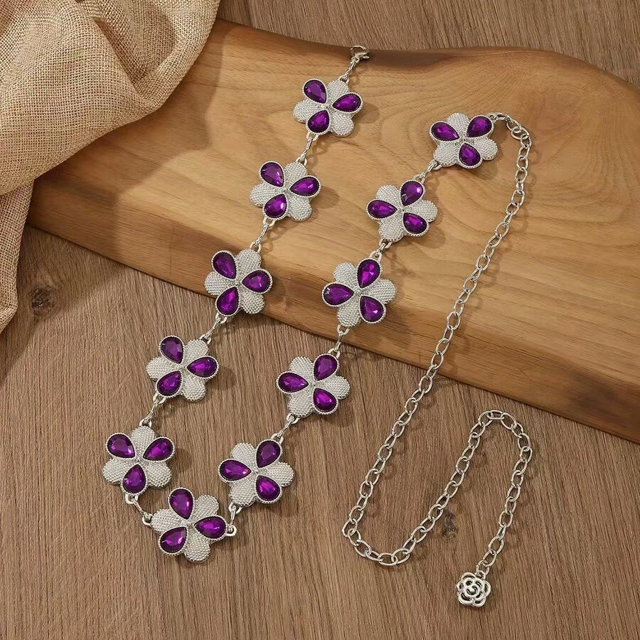 Ins High-End Clover Rhinestone Inlaid Women's Metal Waist Chain For Suit Skirt And Jeans - Purple - View 1