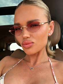 1pc Vintage Frameless Metal Oval Small Frame Gradient Women's Fashion Glasses, Casual Fashion Daily Commute Accessory - Gradient Pink - View 3
