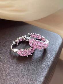 1對浪漫立方鋯石耳環，女款，婚禮、訂婚、派對珠寶，情人節禮物 - 粉色 - 查看 2