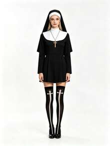 Halloween Costume Nun Cosplay Headscarf And Neckpiece Performance Set, Cross Headpiece, Neckpiece, And Socks Four-Piece Set - Multicolor - View 9