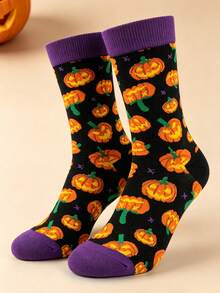 1 Pair Of Men Crew Sock, Halloween Pumpkin Jack‑O‑Lantern Pattern Socks, Soft Warm, Fall Winter,Halloween Christmas Gift For Men For Women - Multicolor - View 8
