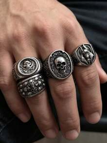 Gothic Dark Full Circle Skull Wide Band Ring, Vintage Heavy Metal Carved Flame Skull Personalized Distressed Men's Large Size Stackable Combination Ring, Motorcycle Hip-Hop Accessory Gift, Daily Commute Halloween Gift, Random Style 1pc/2pcs/3pcs/4pcs/5pcs/6pcs - Multicolor - View 4