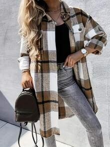 Fall Outfits, Brown White Plaid Oversized Long Flannel Shirt Jacket, Lapel Pocket Button Down Loose Shacket Coat - Khaki - View 1