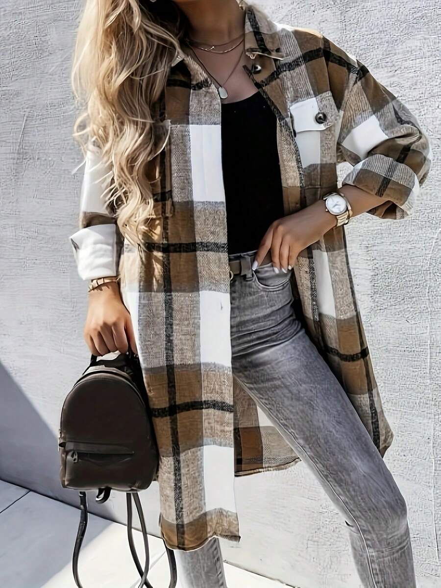 Fall Outfits, Brown White Plaid Oversized Long Flannel Shirt Jacket, Lapel Pocket Button Down Loose Shacket Coat - Khaki - View 1