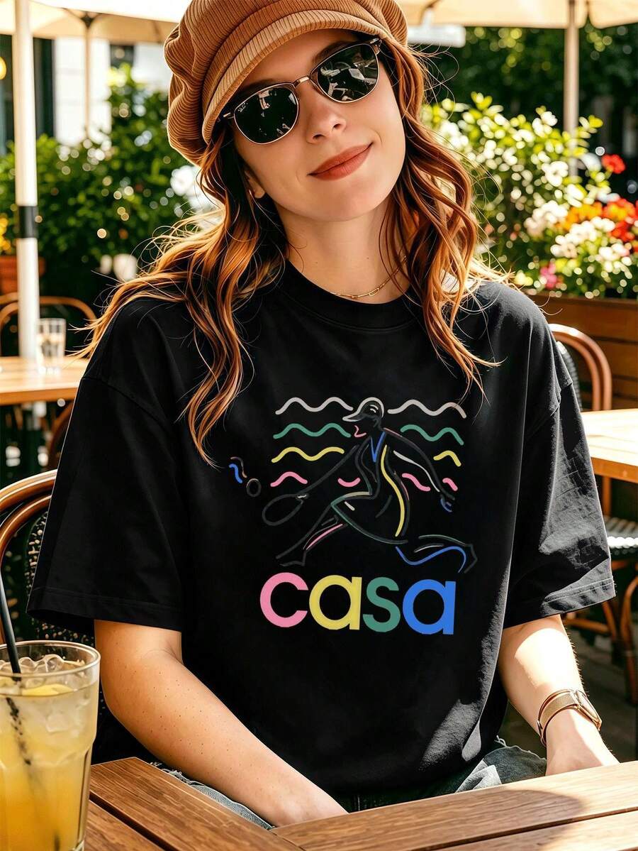 Women's Casual Colorful Graphic T-Shirt, Breathable, Graphic Design - Black - View 1