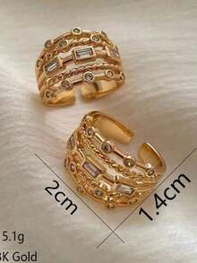 1 pieza Anillo exquisito de tono dorado multicapa, incrustado con circonita cúbica de corte redondo y rectangular, con detalle de cadena de cuentas, anillo personalizado para fiestas y uso diario - Multicolor - Ver 3