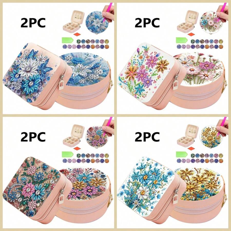2pcs Diamond Painting Kit With Zipper Jewelry Box, Floral Pattern, Canvas Material, Partial Mosaic Craft, DIY Large Capacity, Suitable For Women Hobbyists, Thanksgiving Holiday Gift