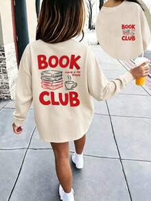 Girls Book Club Slogan Double-Sided Print Long Sleeve Tee, Book & Coffee Graphic Fall Top - Apricot - View 1