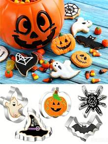 1pc/5pcs Halloween Cookie Cutter Set, Stainless Steel, Bat, Ghost, Pumpkin, Spider, Witch Hat Shapes, Mini Halloween Molds, Vegetable Fruit Press Molds, Baking Holiday Fun - Multicolor - View 5