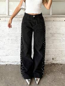 Women's Glamorous Side Beaded Straight Leg Denim Jeans - Black - View 3