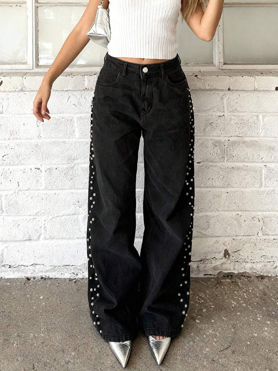 Women's Glamorous Side Beaded Straight Leg Denim Jeans - Black - View 1