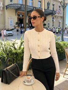 Women's College Style Cable Knit Cardigan, Long Sleeve Round Neck Front Button Sweater, Suitable For Autumn/Winter - White - View 5