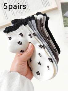 5/10 Pairs Girls Big Kids Spring Sweet Floral Bow Puff Cuff Short Socks - Multicolor - View 7
