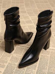 Women's Pointed Toe Ruched Ankle Boots With Chunky Heel, Black, 2026 Autumn/Winter New Style Elegant High Heel Boots For Holidays - Black - View 2