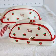 1pc Double Layer Strawberry Pencil Case, Cute Girl Heart Pencil Box, Minimalist Large Capacity Stationery Storage Bag For Middle School Students, Strawberry Shaped Sticker,Back To School Season - Double-layer Pencil Case - View 4