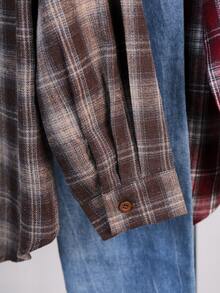 Women's Autumn Brushed Plaid Front Button Pocket Home Shirt - Brown - View 5