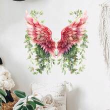 Bohemian Floral Green Plant Pink Angel Wings Wall Sticker, Vintage Watercolor Feather Vine Wall Sticker, Self-Adhesive Art Wallpaper Suitable For Bedroom/Living Room/Door/Sofa Background/Living Room Background Photo Booth Decoration, Christmas/Holiday Party Atmosphere Decor - Wall Sticker - View 6