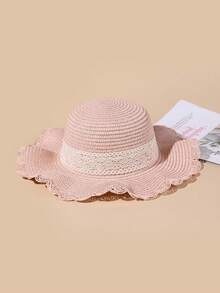 1件中性兒童蕾絲蝴蝶結裝飾甜美可愛純色波浪草帽，適合春夏戶外休閒度假防曬，兒童禮物 - 1pc蕾絲牙邊波浪草帽 - 查看 8