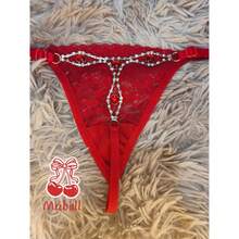 Calcinha de Renda Sensual Fio Dental Joia Luxo Strass Sexy Lingerie Regulável - Vermelho - Visão 2