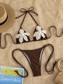 2026 New Beaded 3D Floral Decor Bikini Set, 2-Piece Swimwear With Triangle Halter Top And Side Tie Triangle Bottom Brown Vacation Beach Summer - Brown - View 8