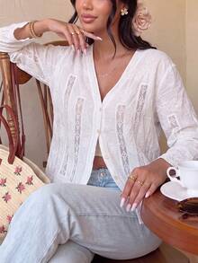 Vacation White Boho Eyelet Cutout Blouse Loose Petal Sleeve Scallop Hem Front Placket Shirt For Summer Street Daily Matching - White - View 4