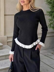 Yepolly-Pop Atasan Rajut Bergaris Musim Gugur/Musim Dingin Wanita, Sweater Lengan Panjang dengan Hiasan Ruffle Hitam, Pakaian Kasual untuk Kantor - Hitam dan Putih - View 2
