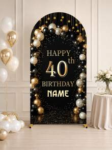 Personalized "Black & Gold" Theme Birthday Arch Backdrop Banner, Custom Text, Birthday And Event Customized Background Cloth, Suitable For Dome, Multiple Sizes Available, Polyester Material, No Power Needed, Perfect For Birthday Party Event Backdrop | Modern Arch Design | Polyester Elastic-- (Arch Not Included, Fabric Backdrop Only) - Multicolor - View 2