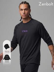 Kaos Lengan Panjang Leher Bulat Pria Zenbolt, Desain Jahitan Raglan, Cetak Logo Huruf di Dada, Potongan Slim Relaxed untuk Pakaian Kasual Sehari-hari - Hitam - View 1