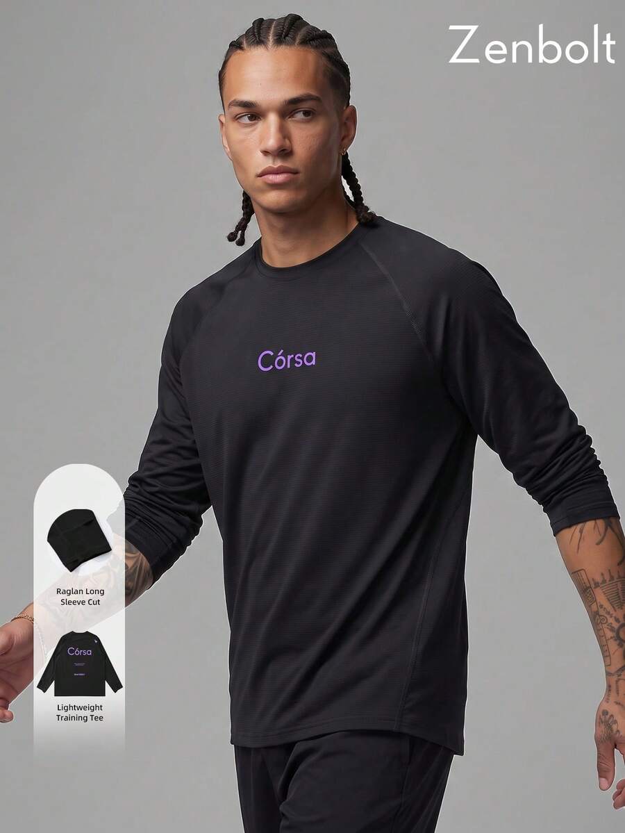 Kaos Lengan Panjang Leher Bulat Pria Zenbolt, Desain Jahitan Raglan, Cetak Logo Huruf di Dada, Potongan Slim Relaxed untuk Pakaian Kasual Sehari-hari - Hitam - View 1
