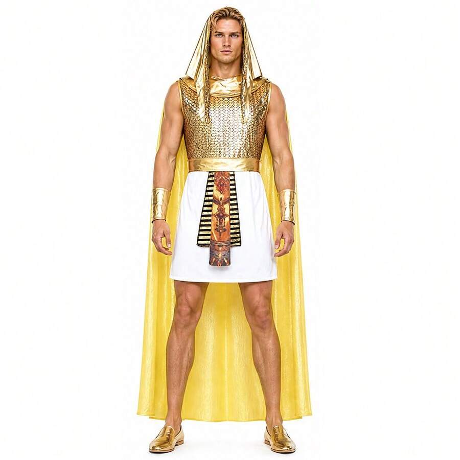 Trang phục hóa trang nam Carnival chiến binh Ai Cập vàng phong cách Ai Cập cổ đại cho người lớn, đồ cosplay tiệc hóa trang bao gồm áo choàng, mũ đội đầu, thắt lưng và băng đeo cổ tay