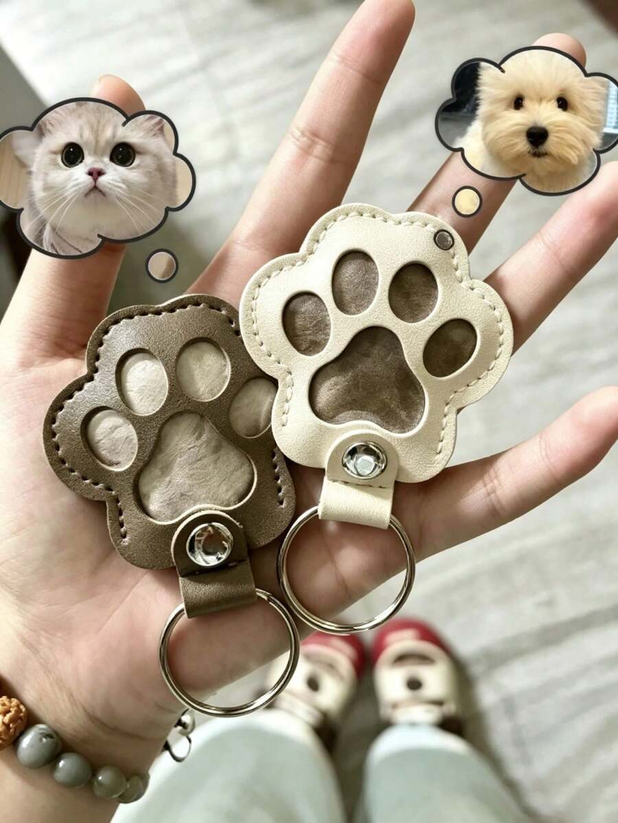 1pc Leather Paw Print Pet Memorial Keychain, Cat Dog Pet Hair Memorial Pendant, Portable Hair Storage Memorial Gift