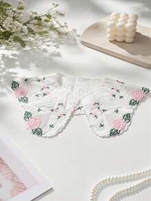 1件女款白色刺繡可拆卸領飾，粉色花卉蕾絲與綠葉細節，波浪邊緣，適用於洋裝與襯衫 - 白色 - 查看 6