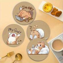 6pcs Cute Cat Print Wooden Coasters, Heat-Resistant Drink Coasters, Suitable For Coffee Cups, Tea Cups, Wine Glasses And Bottles, Wooden Coasters, Desktop Protection, Coffee Bar Decor, Kitchen Decor, Dining Table Accessories And Housewarming Gifts - Multicolor - View 6