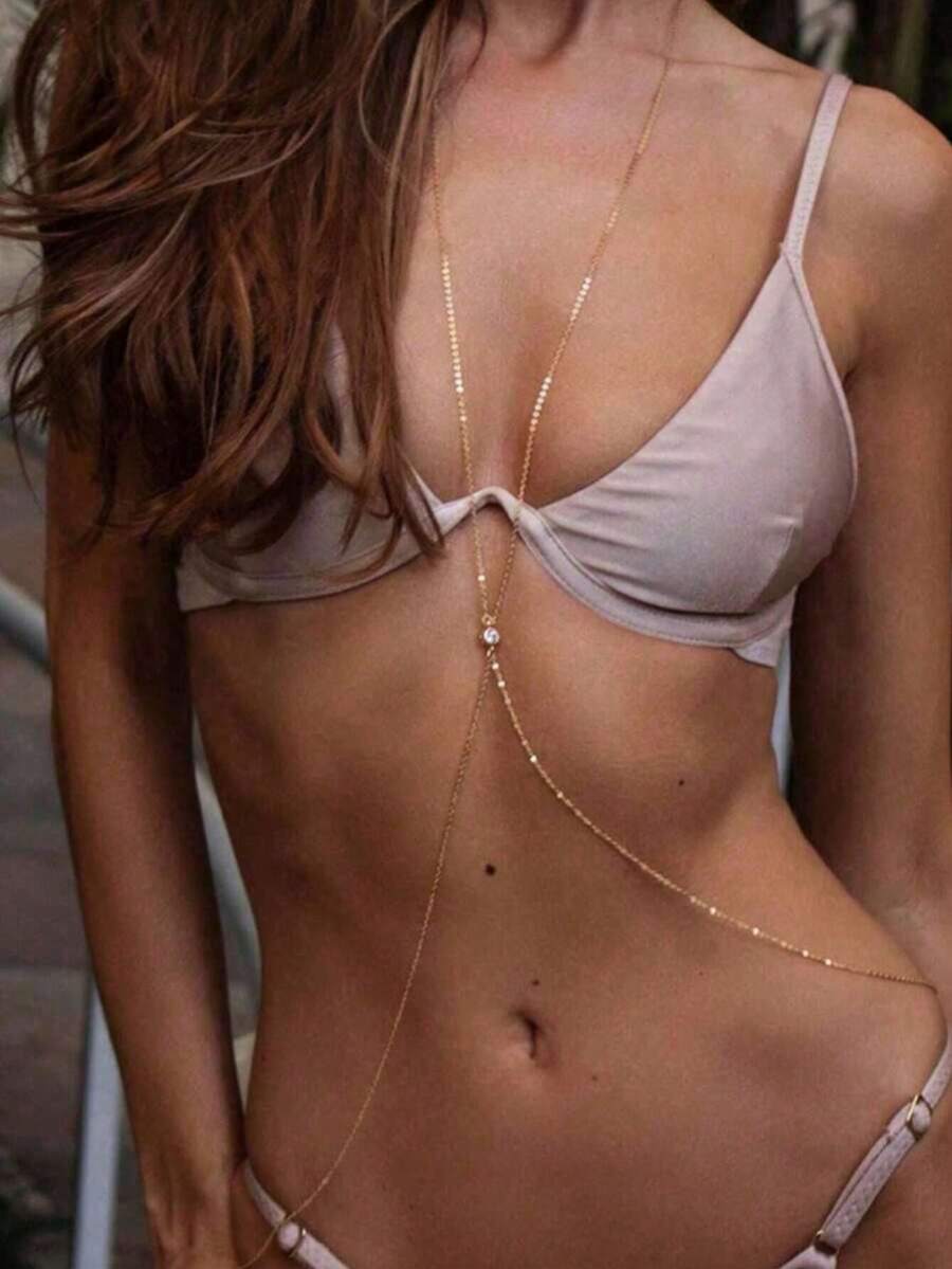 1pc Sexy Fashion Rhinestone Chest Chain Beach Party Bikini Accessory X Chain - Gold - View 1