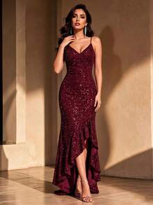 CHOSMO Elegantes rückenfreies Abendkleid mit Pailletten für Party, Hochzeit, Fotografie, Geburtstag, Abschluss, Jahrestag, Feiertag, Hochzeitsgast, Teegesellschaft Herbst - Bordeaux - Übersicht 6