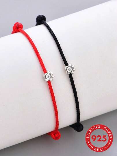 1 pieza Pulsera conmemorativa minimalista ajustable de plata de ley S925 con circonita, diseño de pata de gato lindo, trenzada en rojo y negro, para pareja/BFF