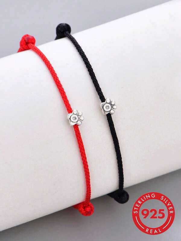 1 pezzo Braccialetto commemorativo minimalista regolabile in argento sterling S925 con zirconia a forma di zampa di gatto carina, intrecciato rosso e nero, per coppie/BFF