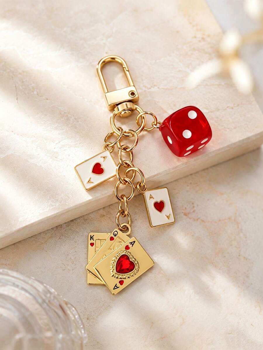1pc/2pcs Unisex Multi-Sided Dice Pendant With Poker Elements, Rhinestone Poker Charm Keychain, Creative Personalized Bag Charm - Multicolor - View 1