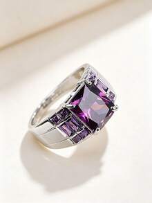 1pc 925 Sterling Silver Square Purple Cubic Zirconia Women's Ring, Women's Jewelry, Size 6-10, Fashionable & Simple, Suitable For Daily Wear, Gift With Gift Box - Silver - View 5